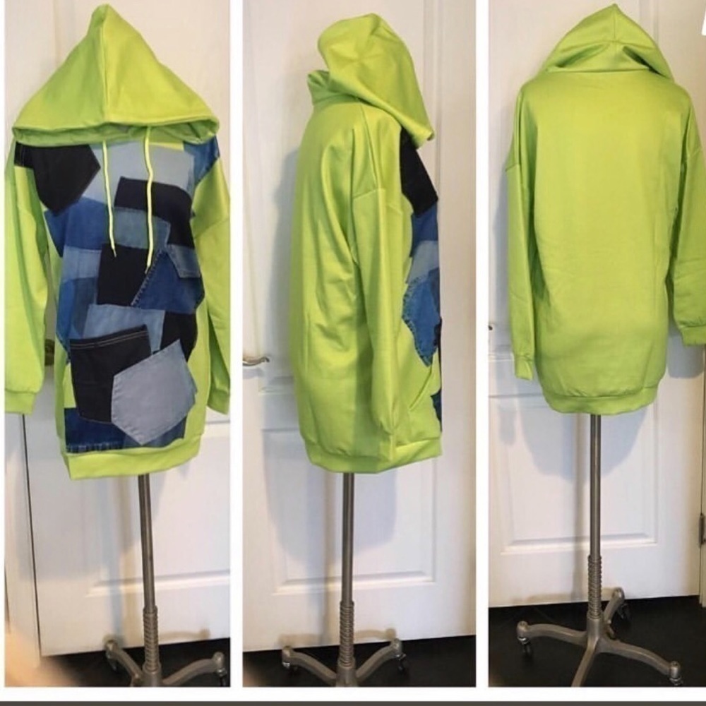Sweatshirt. Neon green with denim patchwork (M)